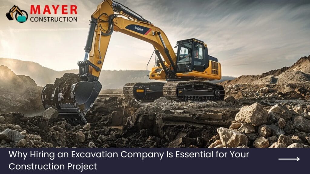 Excavator working on a construction site, showcasing the importance of professional excavation services for construction projects, with Mayer Construction branding.