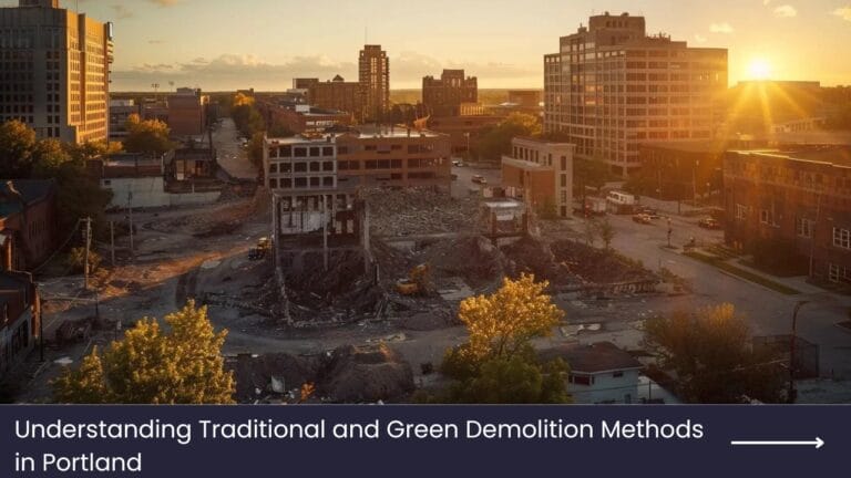 Demolition site in Portland showcasing urban landscape with destroyed buildings and construction debris, highlighting traditional and green demolition methods.
