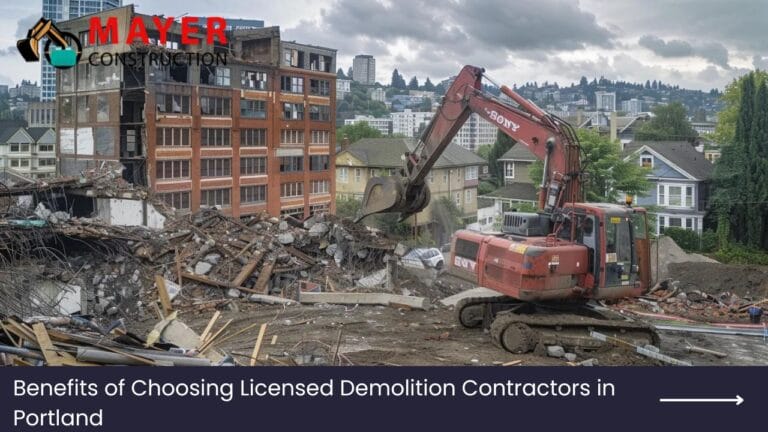 Excavator demolishing a building in Portland, showcasing the benefits of licensed demolition contractors, with Mayer Construction branding visible.