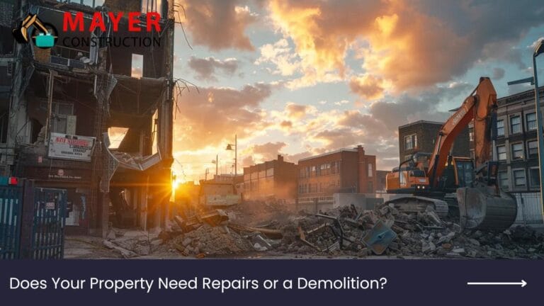 Demolition site with an excavator working on rubble and partially destroyed buildings at sunset, featuring Mayer Construction branding and a question about property repairs versus demolition.