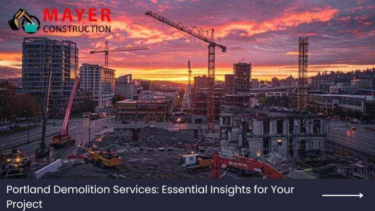 Portland skyline at sunset with construction cranes and demolition site, featuring Mayer Construction logo and text "Portland Demolition Services: Essential Insights for Your Project."