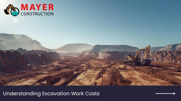 Excavation work site showcasing heavy machinery and rugged terrain, emphasizing Mayer Construction Inc.'s expertise in excavation services and cost factors for construction projects.
