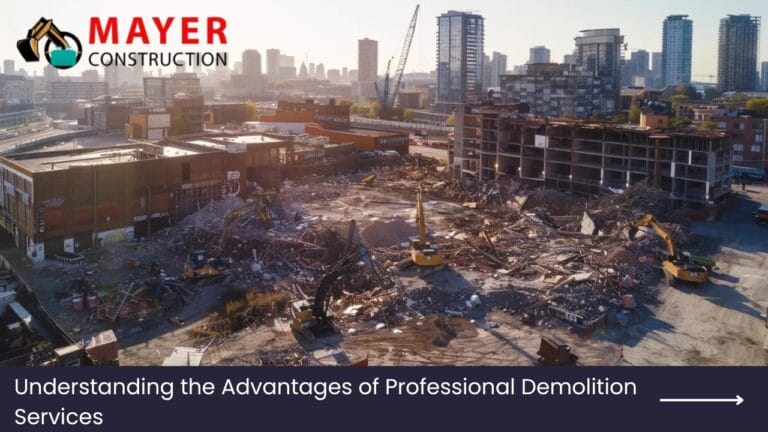 Aerial view of a demolition site with heavy machinery, showcasing the dismantling of structures, emphasizing Mayer Construction Inc.'s professional demolition services.