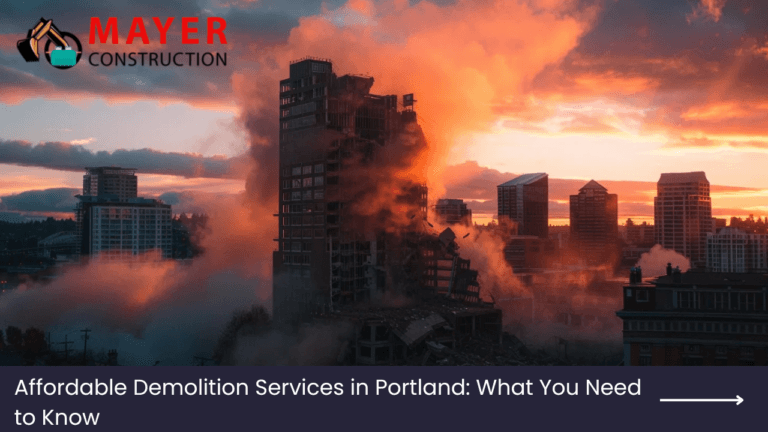 Demolition project in Portland at sunset, featuring a partially collapsed building with smoke and dust, branded with Mayer Construction logo, highlighting affordable demolition services.