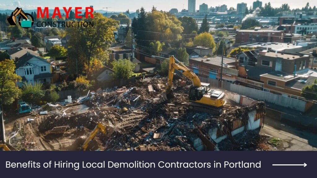 Local demolition site in Portland with excavators and debris, showcasing Mayer Construction's services and benefits of hiring local contractors.
