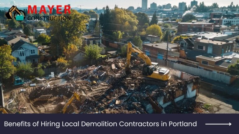 Aerial view of a demolition site in Portland with heavy machinery, showcasing the process of residential demolition, featuring Mayer Construction branding and text highlighting the benefits of hiring local contractors.