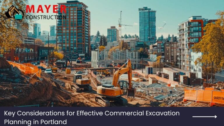 Construction site in Portland featuring excavation equipment and urban buildings, highlighting key considerations for effective commercial excavation planning by Mayer Construction.