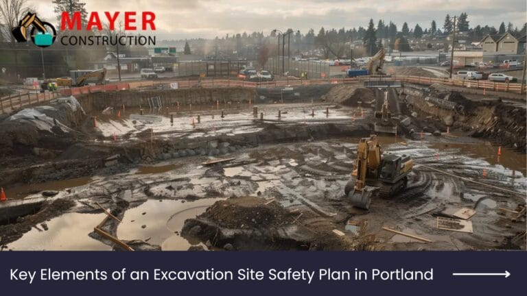 Excavation site in Portland with heavy machinery, safety barriers, and muddy ground, illustrating key elements of an excavation site safety plan by Mayer Construction.