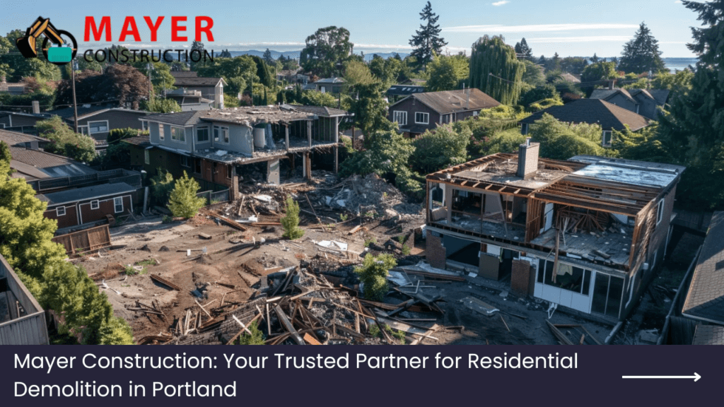 Mayer Construction logo with residential demolition site in Portland, showcasing partially demolished houses and debris, emphasizing expertise in eco-friendly demolition services.
