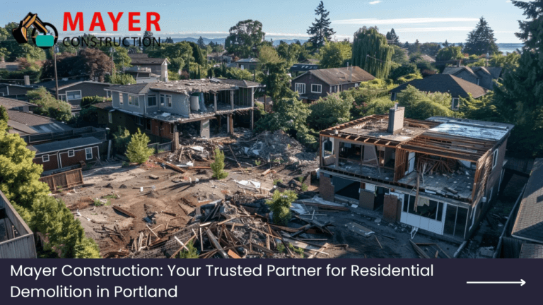 Aerial view of residential demolition site in Portland with debris and partially demolished houses, featuring Mayer Construction branding and tagline emphasizing trust in demolition services.