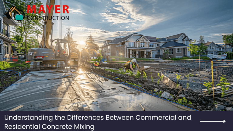 Construction site with workers mixing concrete, residential homes in the background, and a banner reading "Understanding the Differences Between Commercial and Residential Concrete Mixing" by Mayer Construction.