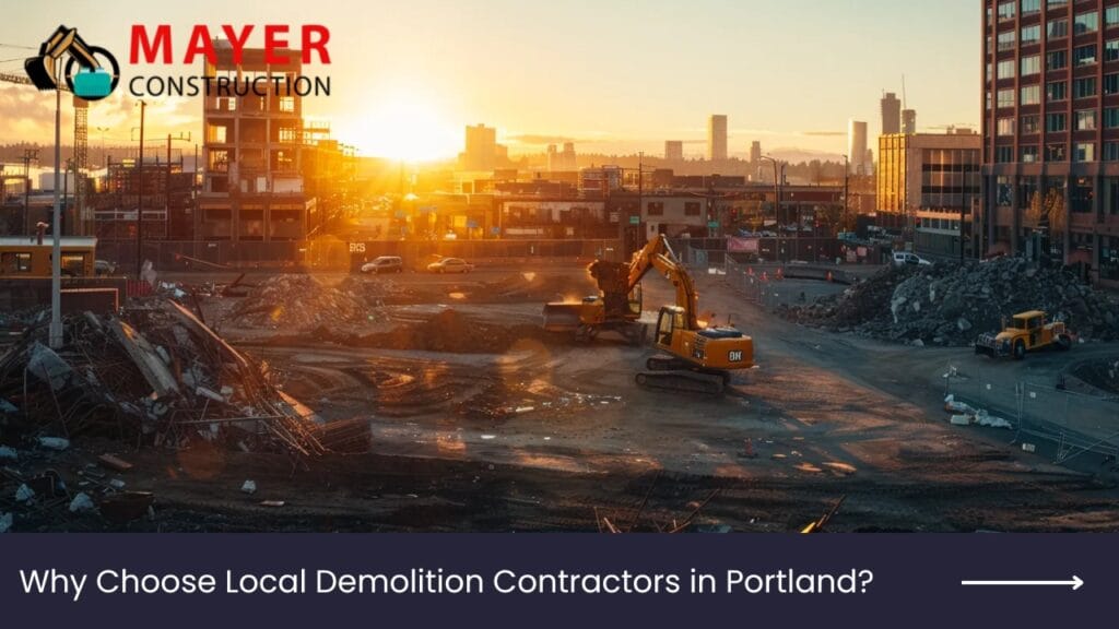 Construction site at sunset with heavy machinery, including excavators, and debris, showcasing local demolition services by Mayer Construction in Portland.