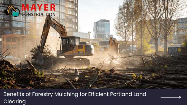 Excavators clearing land in Portland, showcasing forestry mulching benefits for efficient land clearing, with Mayer Construction logo.