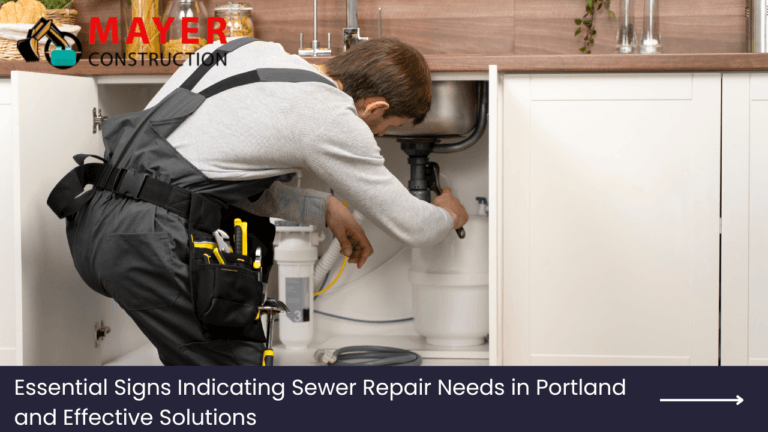 Plumber inspecting under sink, highlighting essential signs of sewer repair needs in Portland, Mayer Construction branding, and effective solutions.