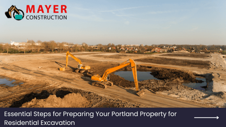 Excavators on a residential excavation site in Portland, showcasing preparation steps for property development, with Mayer Construction branding.