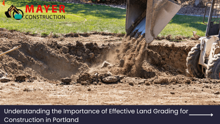 Excavator performing land grading in Portland, emphasizing the importance of effective grading techniques for construction projects, featuring Mayer Construction branding.